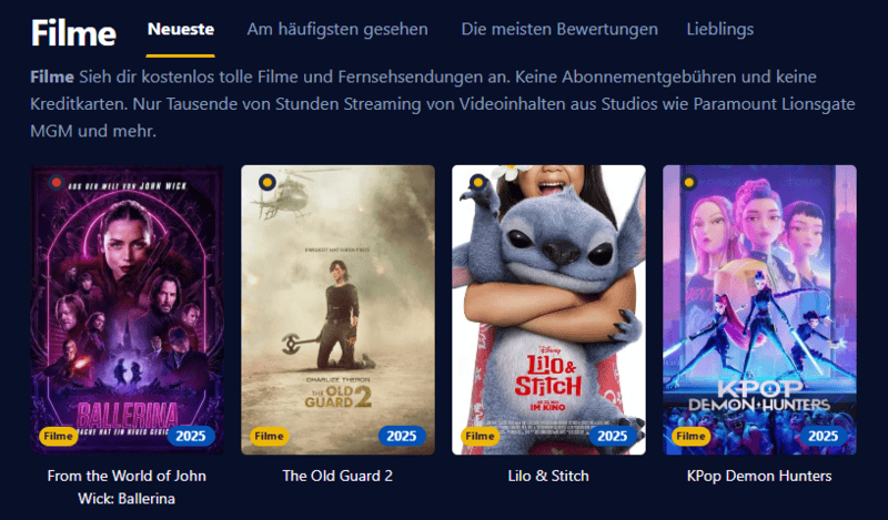 Bildschirmfoto der Benutzeroberflaeche von Einschalten die eine moderne Streaming Plattform mit Filmen und Serien anzeigt